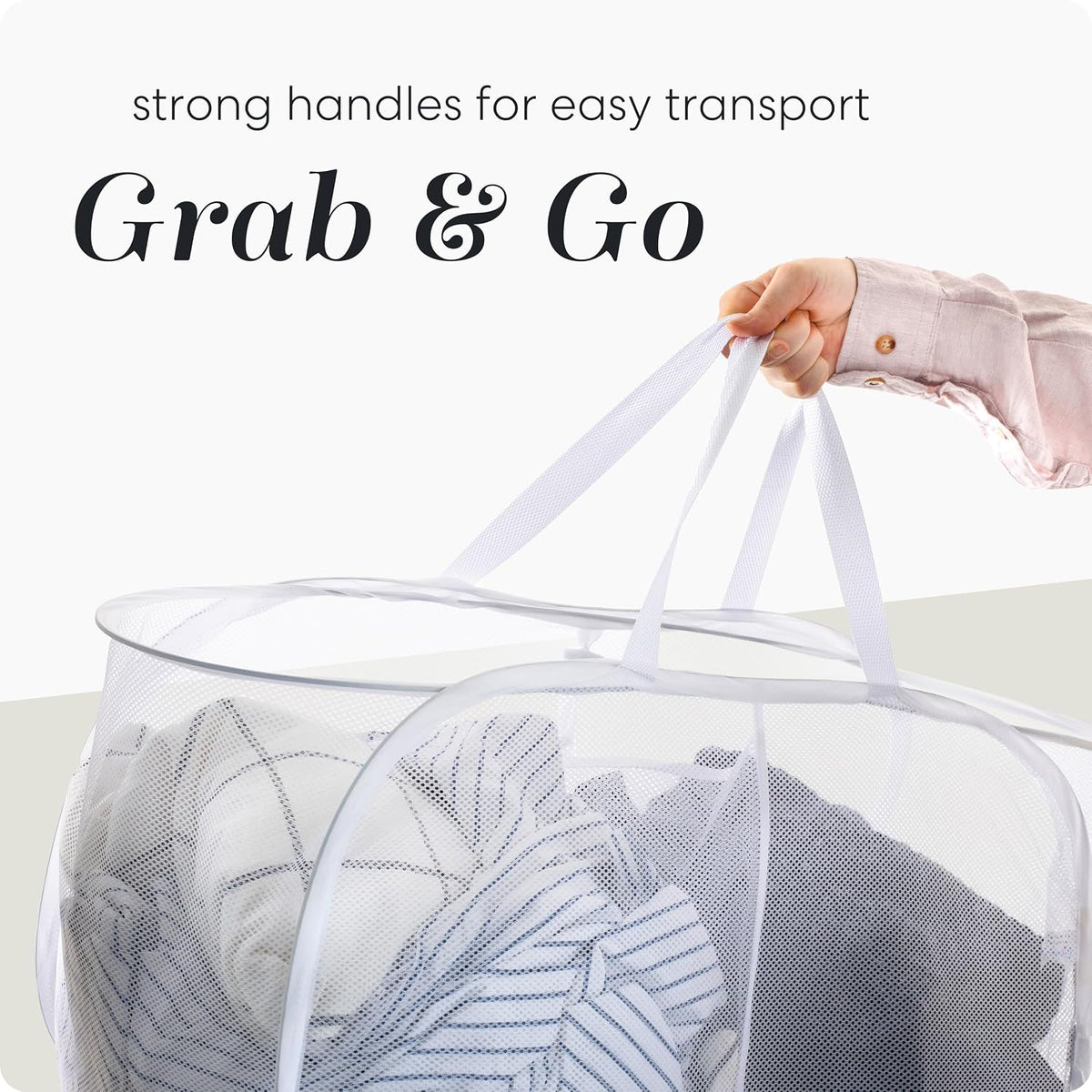 Collapsible Laundry Basket, 3-Compartment Mesh Laundry Sorter, Foldable Pop Up Hamper with Handles, Space-Saving Durable Organizer for Dorm, Bedroom, Travel, White