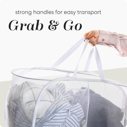 Collapsible Laundry Basket, 3-Compartment Mesh Laundry Sorter, Foldable Pop Up Hamper with Handles, Space-Saving Durable Organizer for Dorm, Bedroom, Travel, White