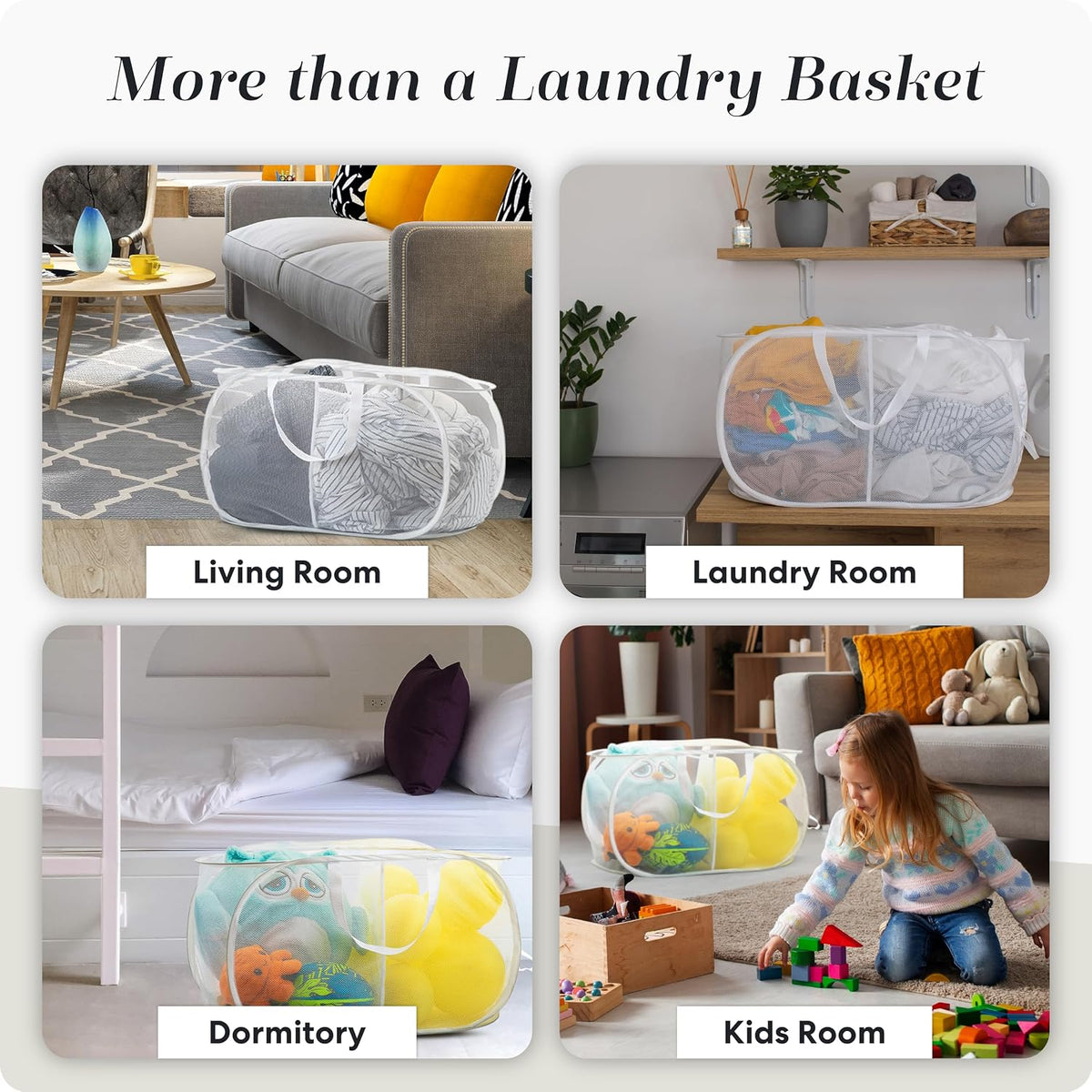 Collapsible Laundry Basket, 3-Compartment Mesh Laundry Sorter, Foldable Pop Up Hamper with Handles, Space-Saving Durable Organizer for Dorm, Bedroom, Travel, White