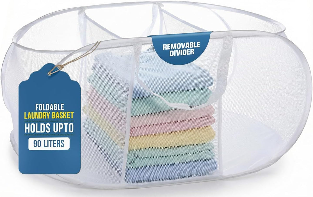 Collapsible Laundry Basket, 3-Compartment Mesh Laundry Sorter, Foldable Pop Up Hamper with Handles, Space-Saving Durable Organizer for Dorm, Bedroom, Travel, White