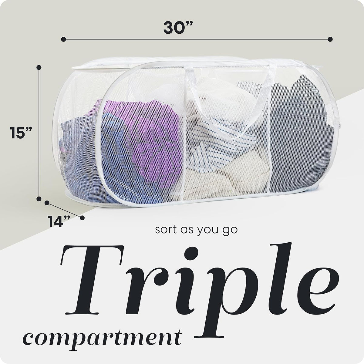 Collapsible Laundry Basket, 3-Compartment Mesh Laundry Sorter, Foldable Pop Up Hamper with Handles, Space-Saving Durable Organizer for Dorm, Bedroom, Travel, White