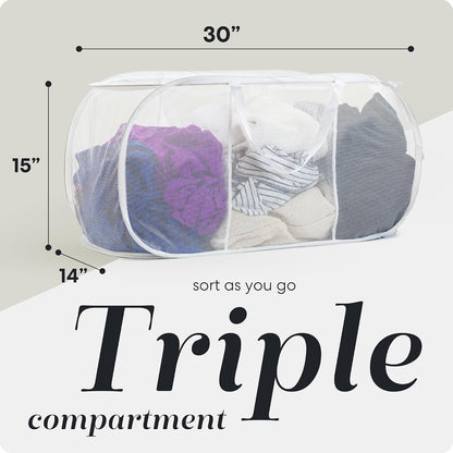 Collapsible Laundry Basket, 3-Compartment Mesh Laundry Sorter, Foldable Pop Up Hamper with Handles, Space-Saving Durable Organizer for Dorm, Bedroom, Travel, White
