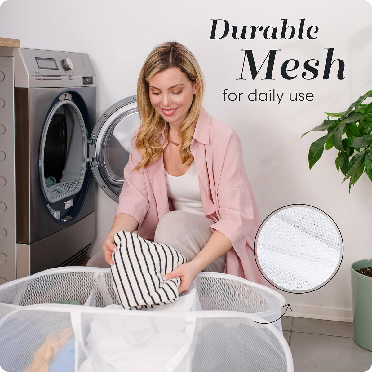 Collapsible Laundry Basket, 3-Compartment Mesh Laundry Sorter, Foldable Pop Up Hamper with Handles, Space-Saving Durable Organizer for Dorm, Bedroom, Travel, White