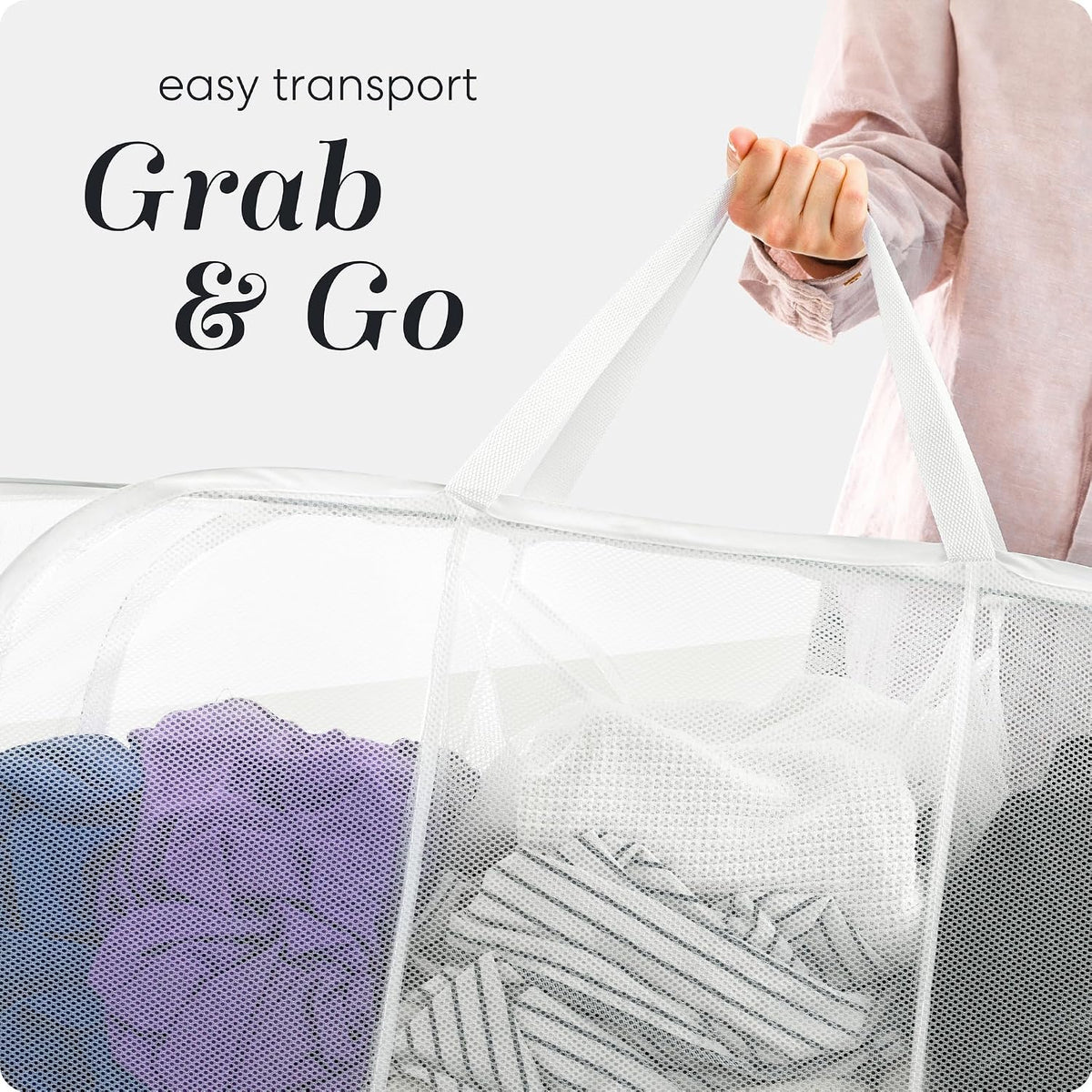 Collapsible Laundry Basket, 3-Compartment Mesh Laundry Sorter, Foldable Pop Up Hamper with Handles, Space-Saving Durable Organizer for Dorm, Bedroom, Travel, White