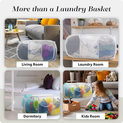 Collapsible Laundry Basket, 3-Compartment Mesh Laundry Sorter, Foldable Pop Up Hamper with Handles, Space-Saving Durable Organizer for Dorm, Bedroom, Travel, White