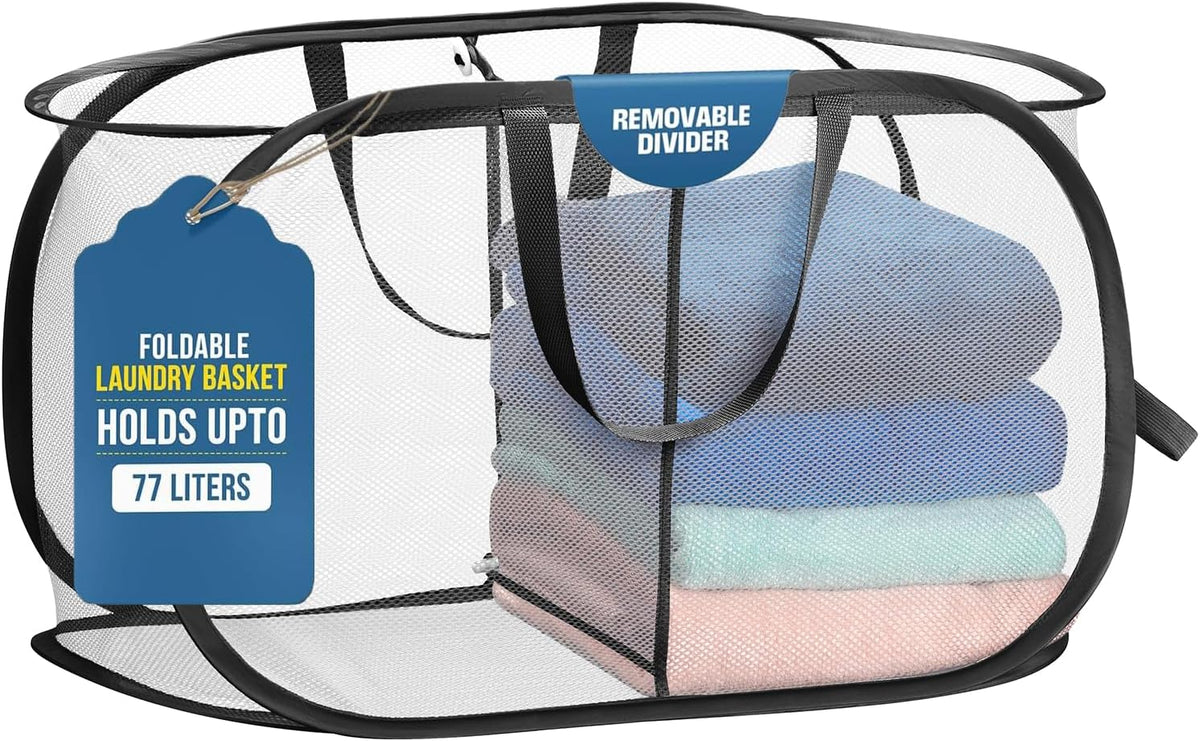 Collapsible Laundry Basket, 3-Compartment Mesh Laundry Sorter, Foldable Pop Up Hamper with Handles, Space-Saving Durable Organizer for Dorm, Bedroom, Travel, White
