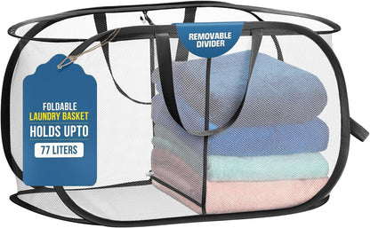 Collapsible Laundry Basket, 3-Compartment Mesh Laundry Sorter, Foldable Pop Up Hamper with Handles, Space-Saving Durable Organizer for Dorm, Bedroom, Travel, White