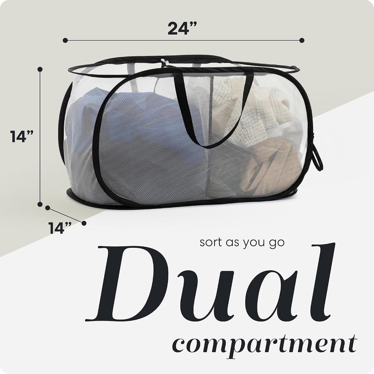 Collapsible Laundry Basket, 3-Compartment Mesh Laundry Sorter, Foldable Pop Up Hamper with Handles, Space-Saving Durable Organizer for Dorm, Bedroom, Travel, White