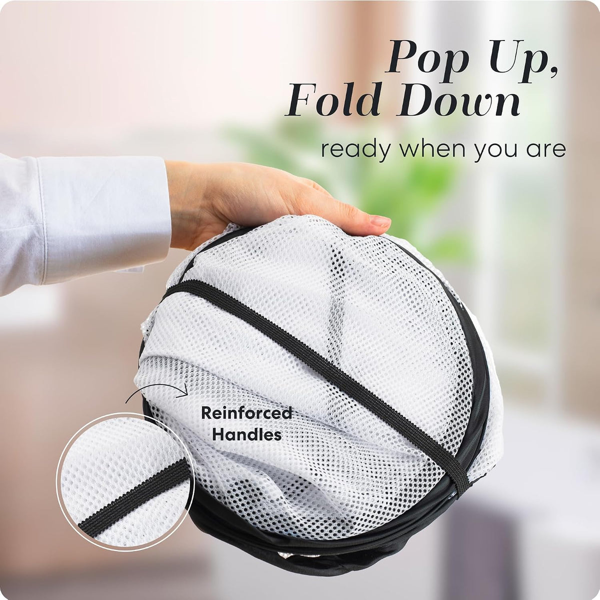 Collapsible Laundry Basket, 3-Compartment Mesh Laundry Sorter, Foldable Pop Up Hamper with Handles, Space-Saving Durable Organizer for Dorm, Bedroom, Travel, White