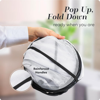 Collapsible Laundry Basket, 3-Compartment Mesh Laundry Sorter, Foldable Pop Up Hamper with Handles, Space-Saving Durable Organizer for Dorm, Bedroom, Travel, White
