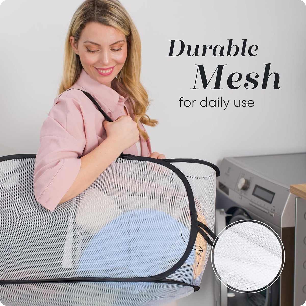 Collapsible Laundry Basket, 3-Compartment Mesh Laundry Sorter, Foldable Pop Up Hamper with Handles, Space-Saving Durable Organizer for Dorm, Bedroom, Travel, White