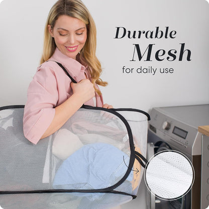 Collapsible Laundry Basket, 3-Compartment Mesh Laundry Sorter, Foldable Pop Up Hamper with Handles, Space-Saving Durable Organizer for Dorm, Bedroom, Travel, White