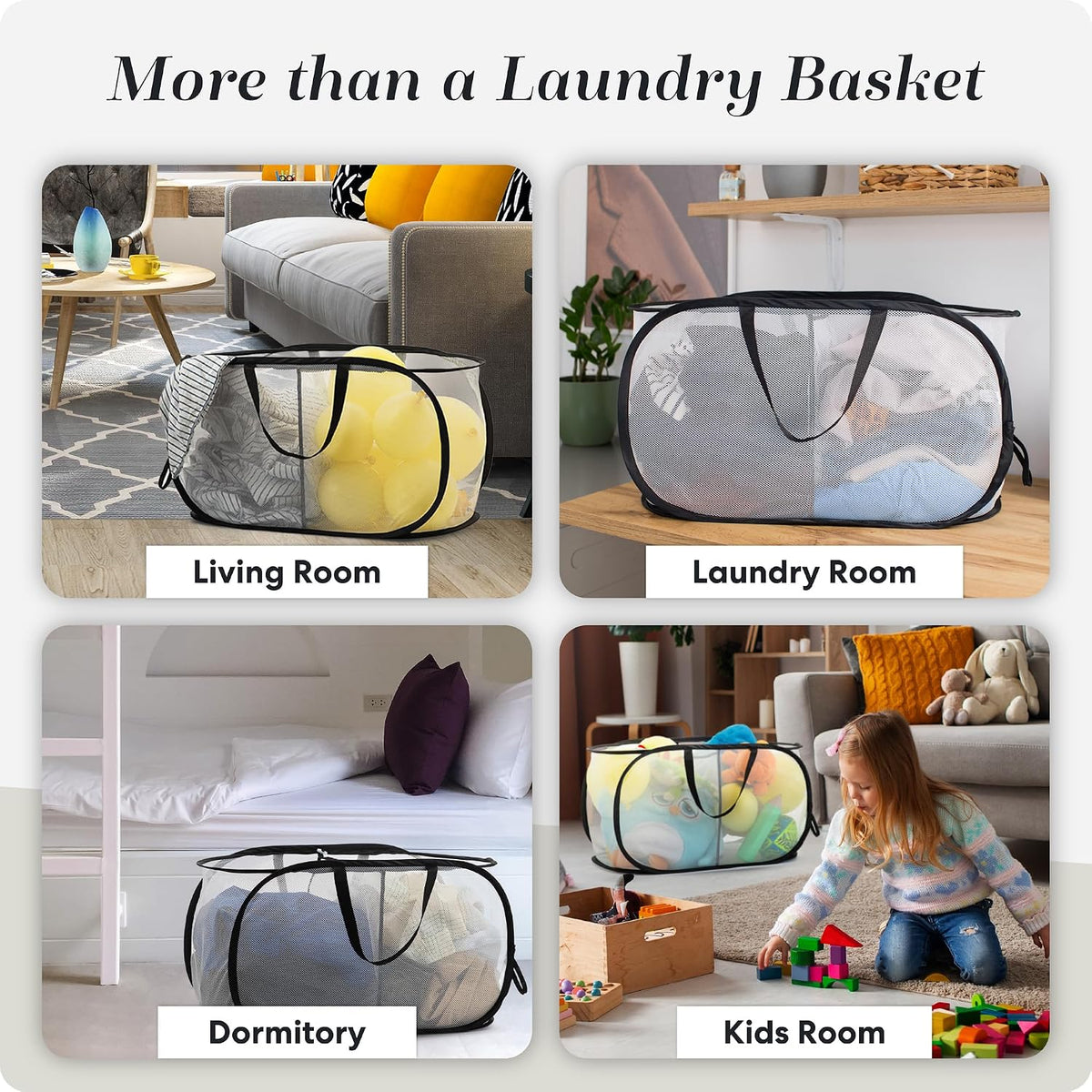 Collapsible Laundry Basket, 3-Compartment Mesh Laundry Sorter, Foldable Pop Up Hamper with Handles, Space-Saving Durable Organizer for Dorm, Bedroom, Travel, White