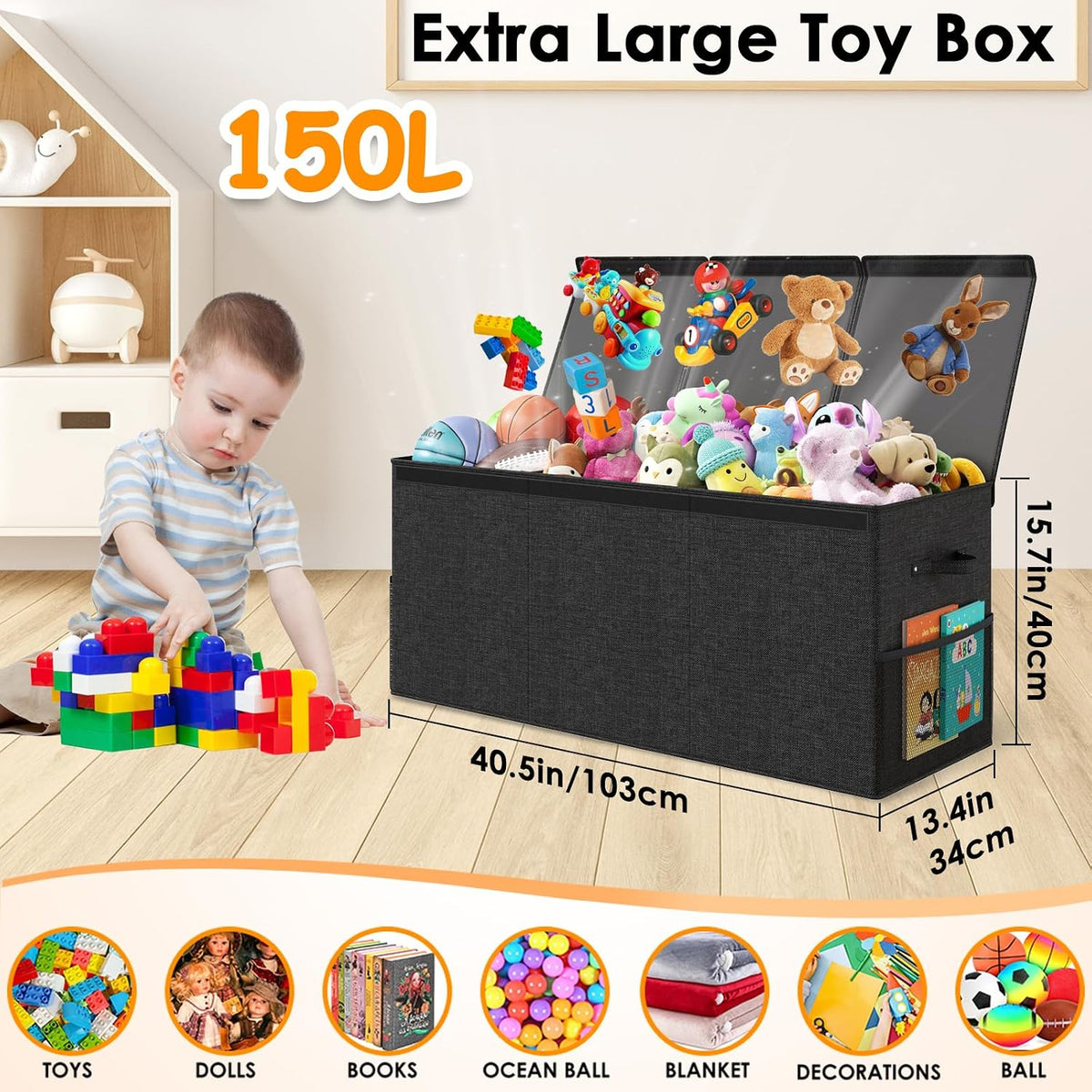 150L Extra Large Toy Storage Box with Lid, Foldable Toy Chest Organizer