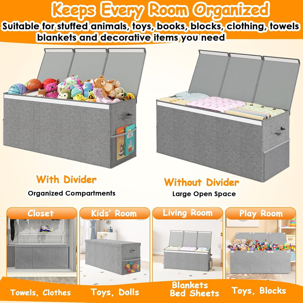 150L Extra Large Toy Storage Box with Lid, Foldable Toy Chest Organizer