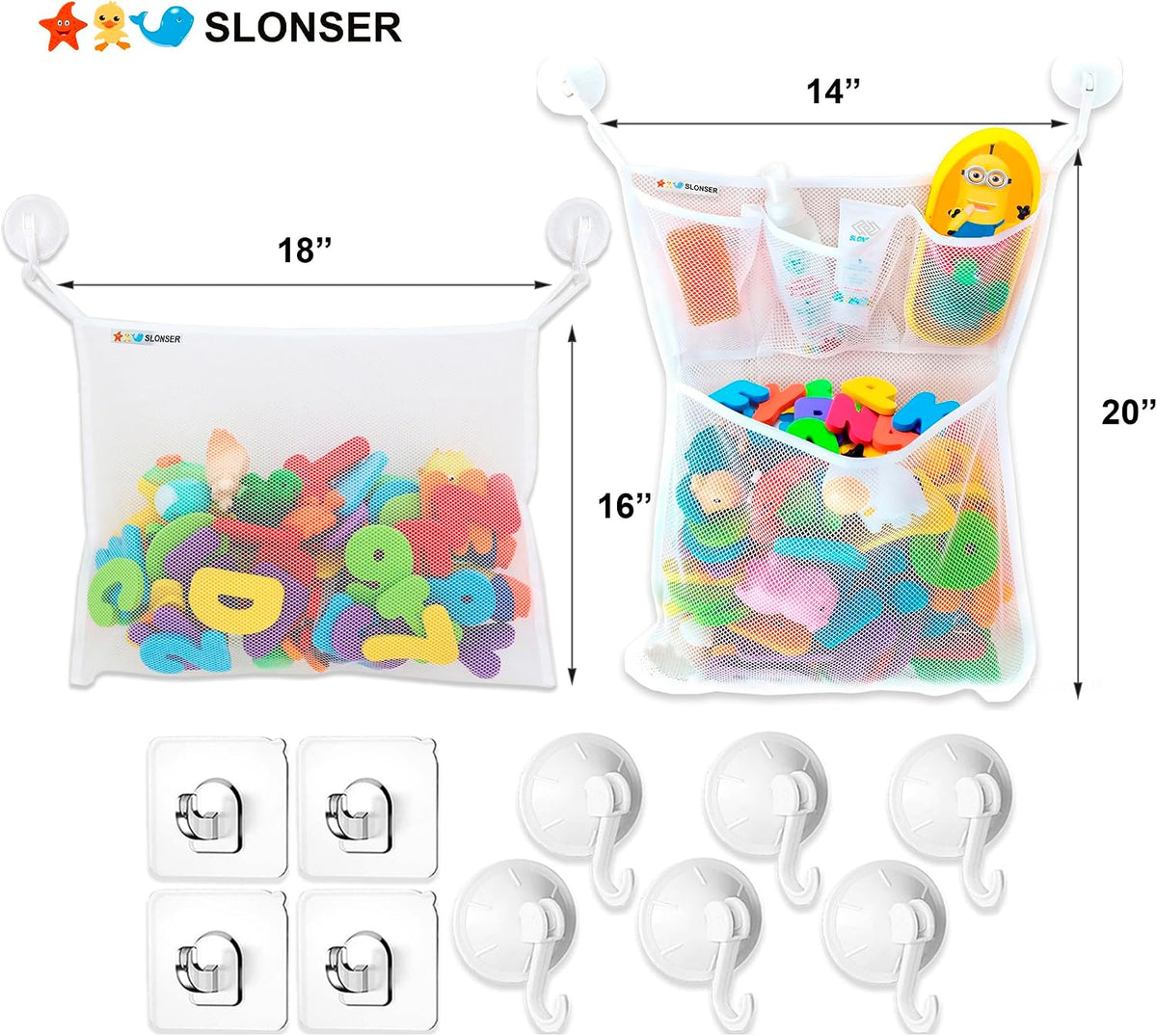 Bath Toy Net 18x16 Inch Kids Bath Tub Toy Holder, Corner Mesh Bag, Baby Bathtub Storage Organizer, Large Bathroom Bucket Bin, Toddler Shower Caddy Hanging Basket, 2 Suction Cups 2 Adhesive Wall Hooks
