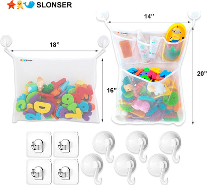 Bath Toy Net 18x16 Inch Kids Bath Tub Toy Holder, Corner Mesh Bag, Baby Bathtub Storage Organizer, Large Bathroom Bucket Bin, Toddler Shower Caddy Hanging Basket, 2 Suction Cups 2 Adhesive Wall Hooks