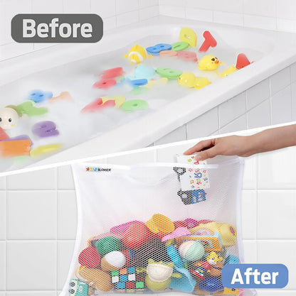 Bath Toy Net 18x16 Inch Kids Bath Tub Toy Holder, Corner Mesh Bag, Baby Bathtub Storage Organizer, Large Bathroom Bucket Bin, Toddler Shower Caddy Hanging Basket, 2 Suction Cups 2 Adhesive Wall Hooks