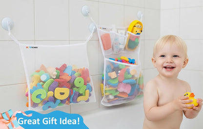 Bath Toy Net 18x16 Inch Kids Bath Tub Toy Holder, Corner Mesh Bag, Baby Bathtub Storage Organizer, Large Bathroom Bucket Bin, Toddler Shower Caddy Hanging Basket, 2 Suction Cups 2 Adhesive Wall Hooks