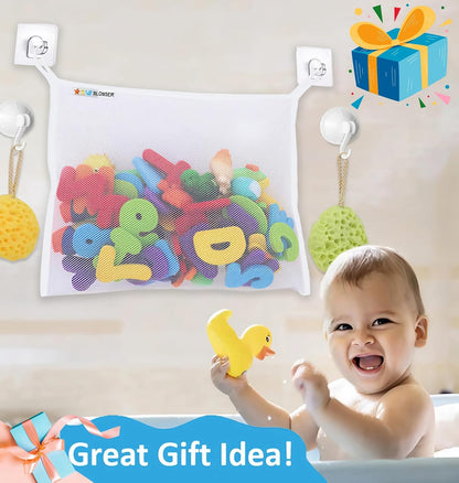 Bath Toy Net 18x16 Inch Kids Bath Tub Toy Holder, Corner Mesh Bag, Baby Bathtub Storage Organizer, Large Bathroom Bucket Bin, Toddler Shower Caddy Hanging Basket, 2 Suction Cups 2 Adhesive Wall Hooks