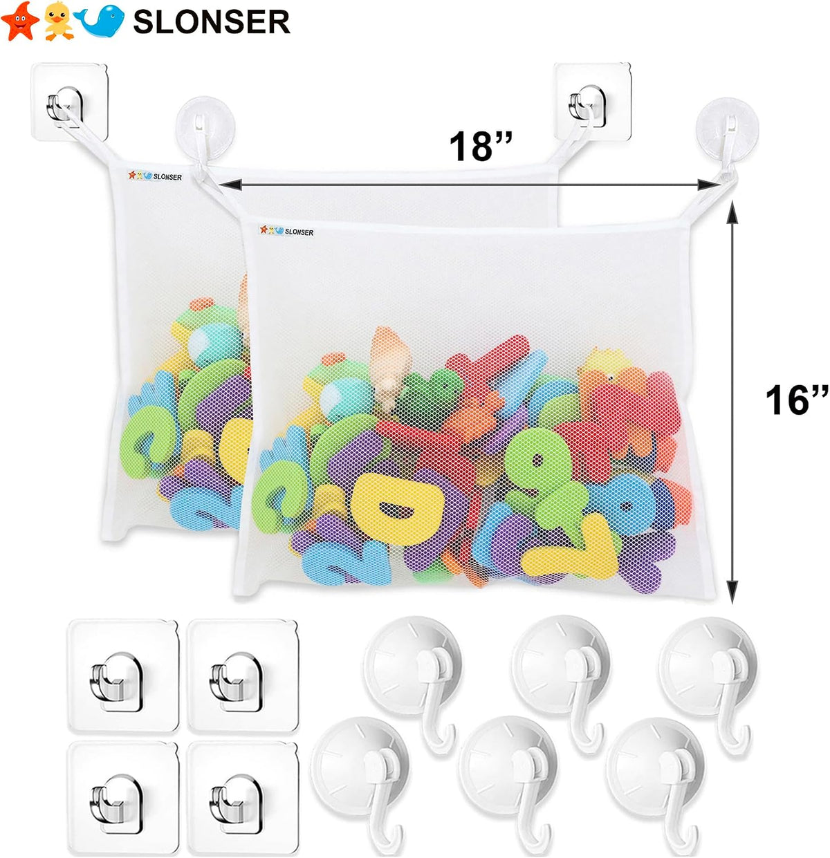 Bath Toy Net 18x16 Inch Kids Bath Tub Toy Holder, Corner Mesh Bag, Baby Bathtub Storage Organizer, Large Bathroom Bucket Bin, Toddler Shower Caddy Hanging Basket, 2 Suction Cups 2 Adhesive Wall Hooks