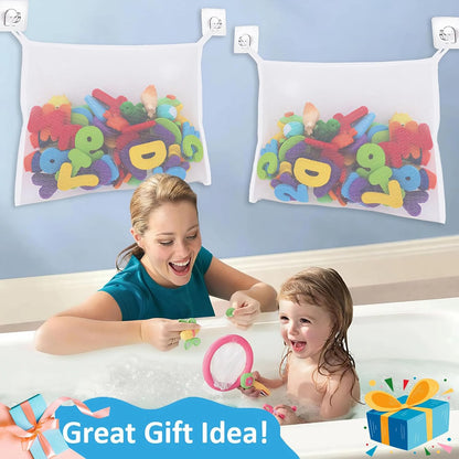 Bath Toy Net 18x16 Inch Kids Bath Tub Toy Holder, Corner Mesh Bag, Baby Bathtub Storage Organizer, Large Bathroom Bucket Bin, Toddler Shower Caddy Hanging Basket, 2 Suction Cups 2 Adhesive Wall Hooks