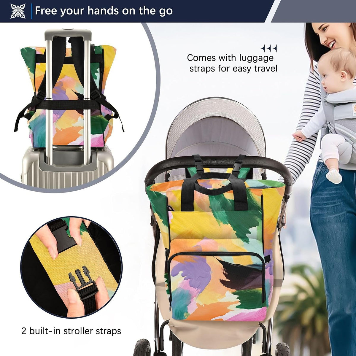 Diaper Bag Backpack, Multifunction Travel Bag for Moms Dads, Baby Changing Bag with Insulted Pockets, Stroller Straps and Side Bottle Pockets Sunset Wash Pattern