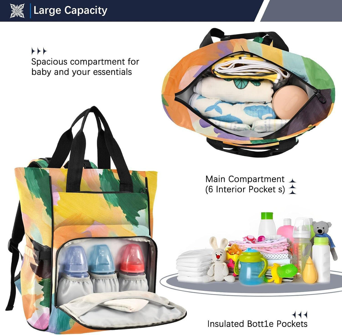 Diaper Bag Backpack, Multifunction Travel Bag for Moms Dads, Baby Changing Bag with Insulted Pockets, Stroller Straps and Side Bottle Pockets Sunset Wash Pattern