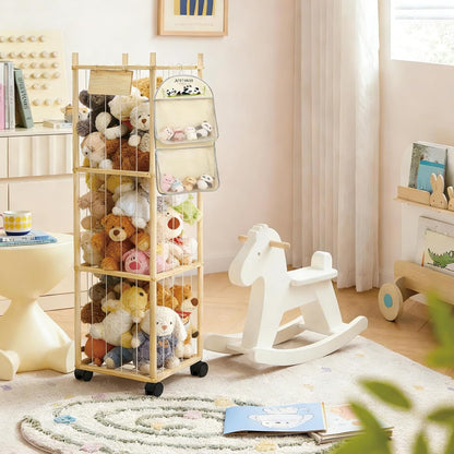 Thick&Thin Stuffed Animal Storage & Organizer, Wooden Zoo Toy Holder with Net, Large Plushies Storage with Wheels, Space Saving Design Toy Organizer for Playroom & Bedrooms