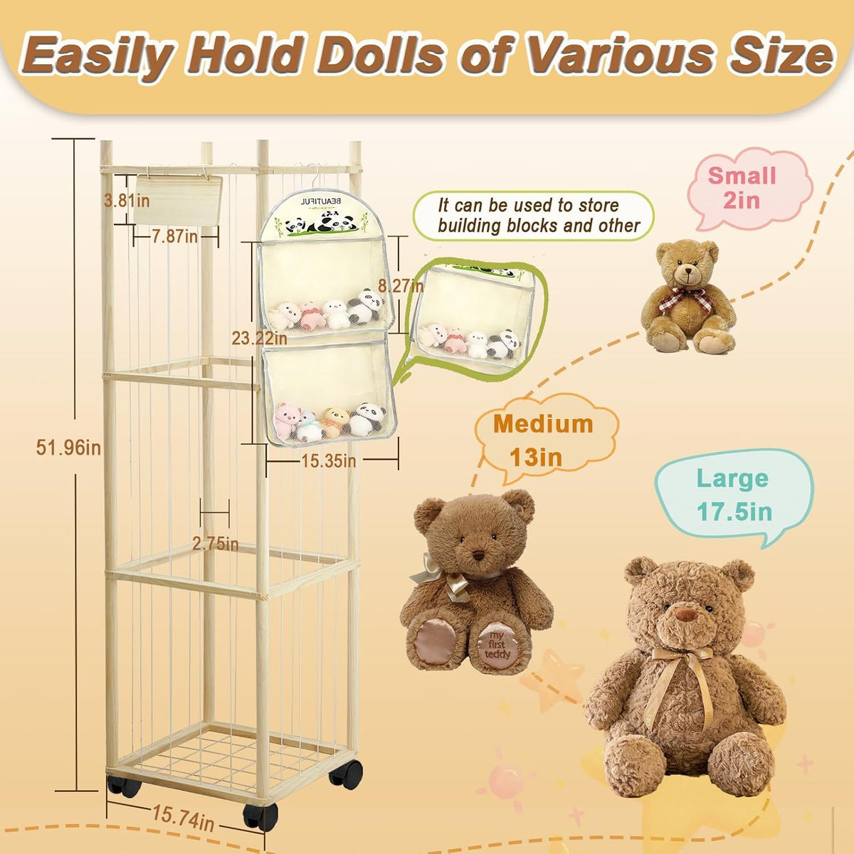 Thick&Thin Stuffed Animal Storage & Organizer, Wooden Zoo Toy Holder with Net, Large Plushies Storage with Wheels, Space Saving Design Toy Organizer for Playroom & Bedrooms
