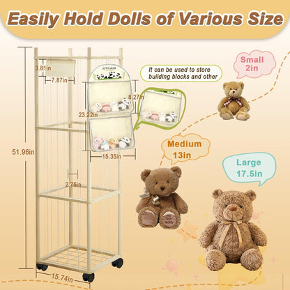 Thick&Thin Stuffed Animal Storage & Organizer, Wooden Zoo Toy Holder with Net, Large Plushies Storage with Wheels, Space Saving Design Toy Organizer for Playroom & Bedrooms