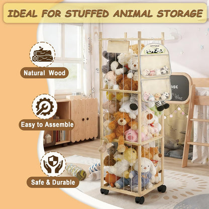 Thick&Thin Stuffed Animal Storage & Organizer, Wooden Zoo Toy Holder with Net, Large Plushies Storage with Wheels, Space Saving Design Toy Organizer for Playroom & Bedrooms