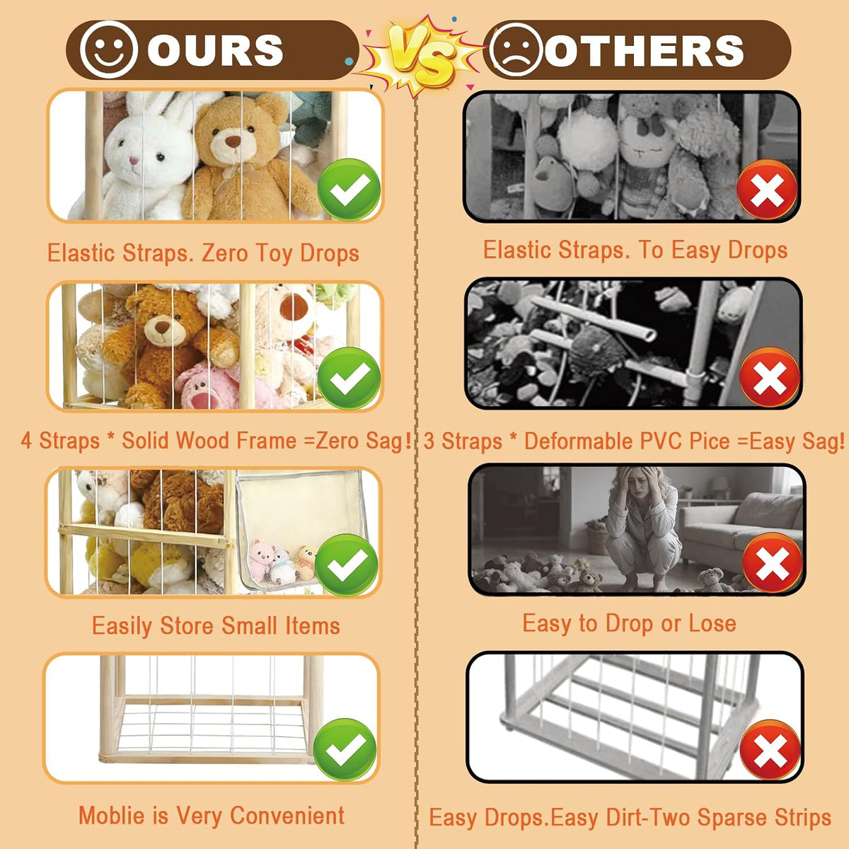 Thick&Thin Stuffed Animal Storage & Organizer, Wooden Zoo Toy Holder with Net, Large Plushies Storage with Wheels, Space Saving Design Toy Organizer for Playroom & Bedrooms