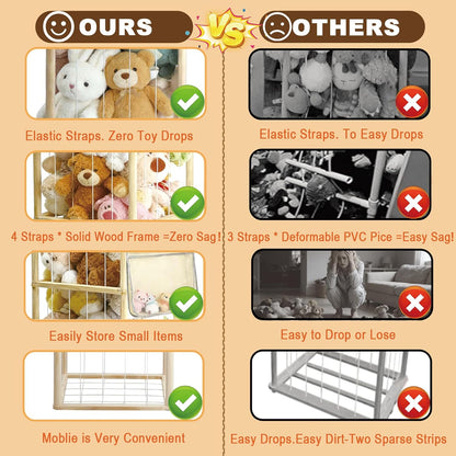 Thick&Thin Stuffed Animal Storage & Organizer, Wooden Zoo Toy Holder with Net, Large Plushies Storage with Wheels, Space Saving Design Toy Organizer for Playroom & Bedrooms