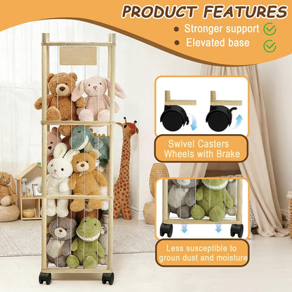 Thick&Thin Stuffed Animal Storage & Organizer, Wooden Zoo Toy Holder with Net, Large Plushies Storage with Wheels, Space Saving Design Toy Organizer for Playroom & Bedrooms