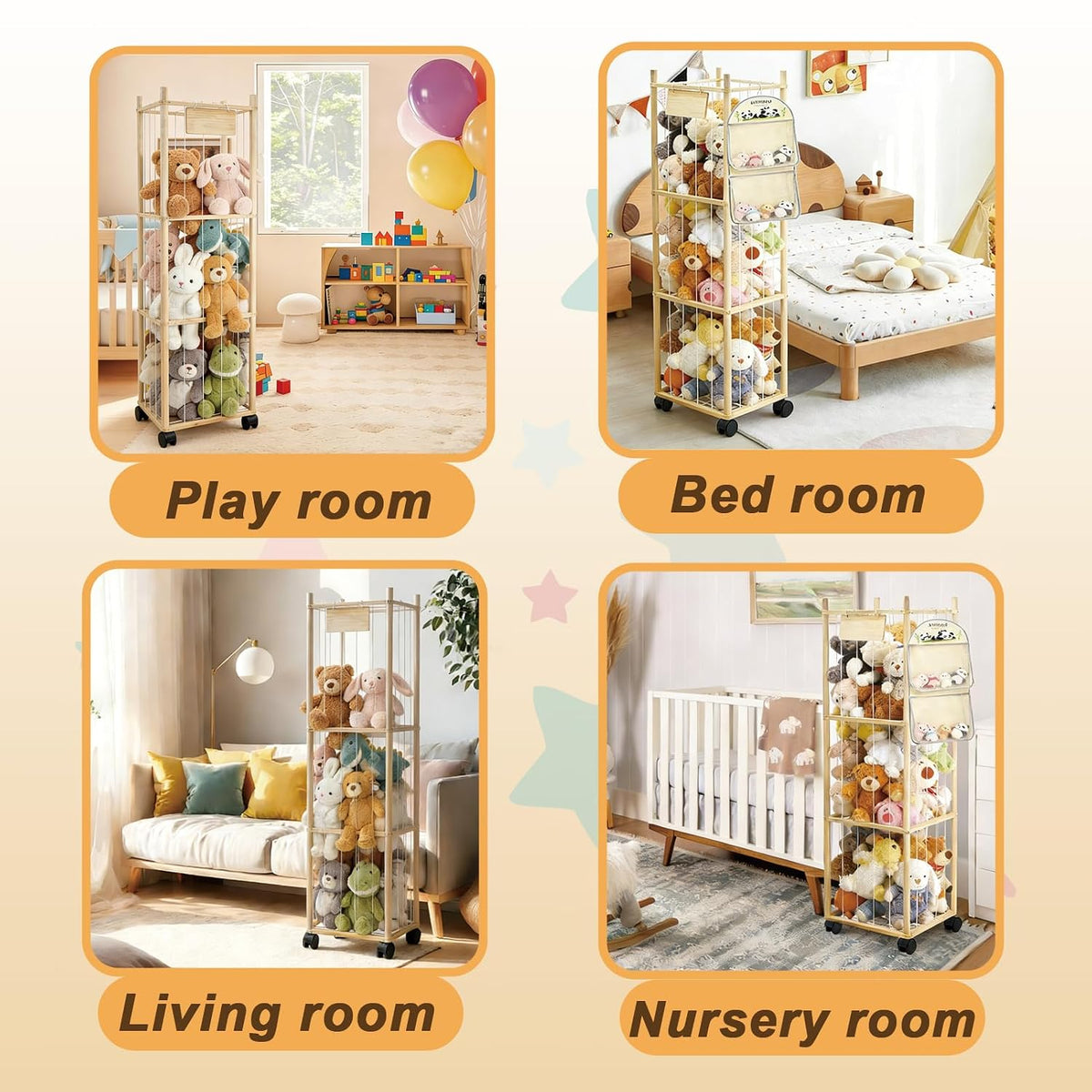 Thick&Thin Stuffed Animal Storage & Organizer, Wooden Zoo Toy Holder with Net, Large Plushies Storage with Wheels, Space Saving Design Toy Organizer for Playroom & Bedrooms