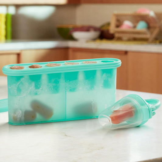® Silicone Baby Food Feeders and Baby Food Freezer Tray with Lid - Great for Self-Feeding and Baby Led Weaning, Mint/Blue