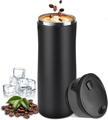 17 oz / 500 ml Travel Coffee Mug, One-Handed Black Insulated Coffee Tumbler with Lid, Leak Proof Stainless Steel Coffee Cup, Reusable Water Bottle for Office, Car, Travel, Hot Coffee and Cold Drinks