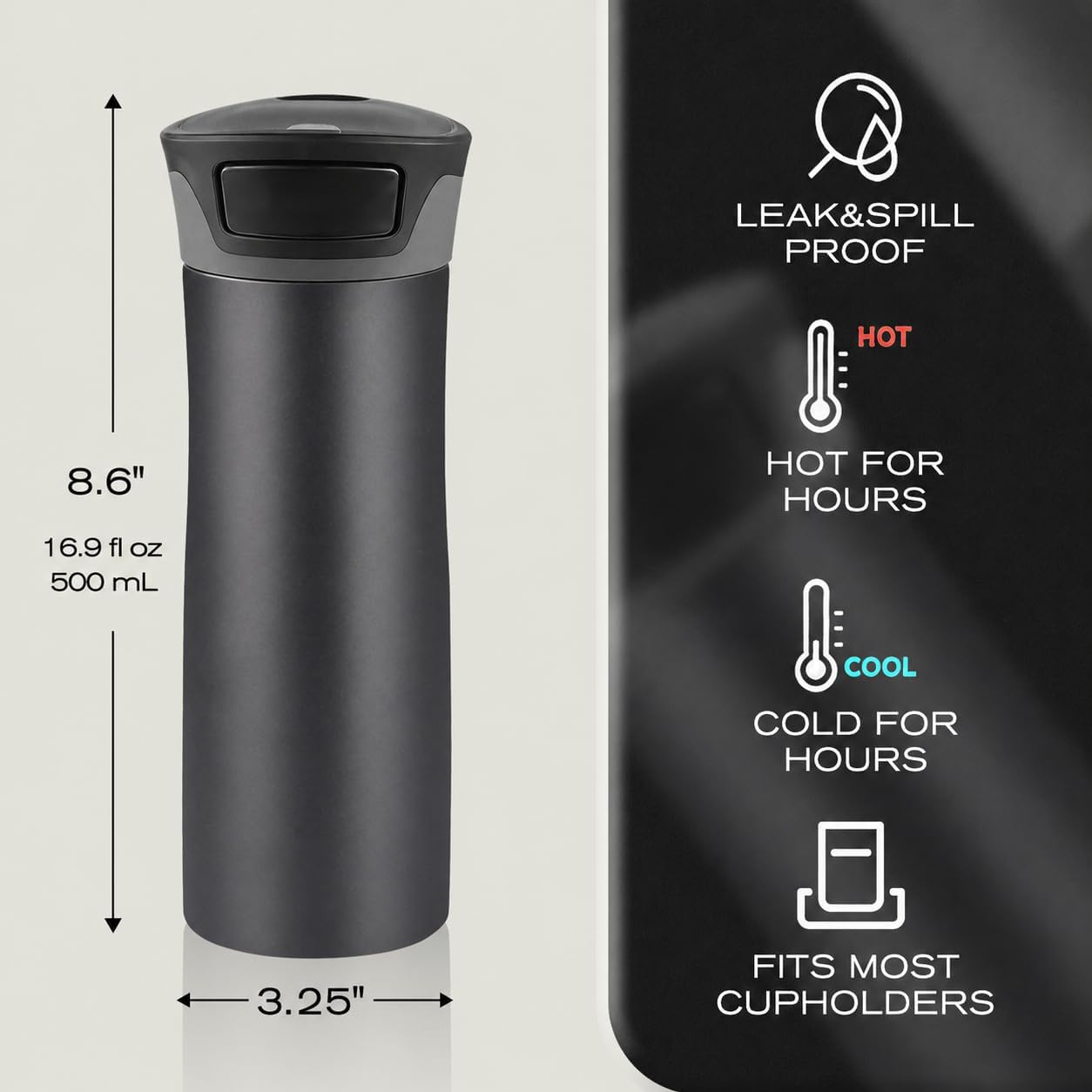 17 oz / 500 ml Travel Coffee Mug, One-Handed Black Insulated Coffee Tumbler with Lid, Leak Proof Stainless Steel Coffee Cup, Reusable Water Bottle for Office, Car, Travel, Hot Coffee and Cold Drinks