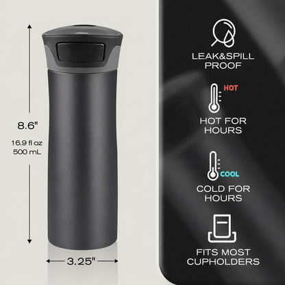 17 oz / 500 ml Travel Coffee Mug, One-Handed Black Insulated Coffee Tumbler with Lid, Leak Proof Stainless Steel Coffee Cup, Reusable Water Bottle for Office, Car, Travel, Hot Coffee and Cold Drinks