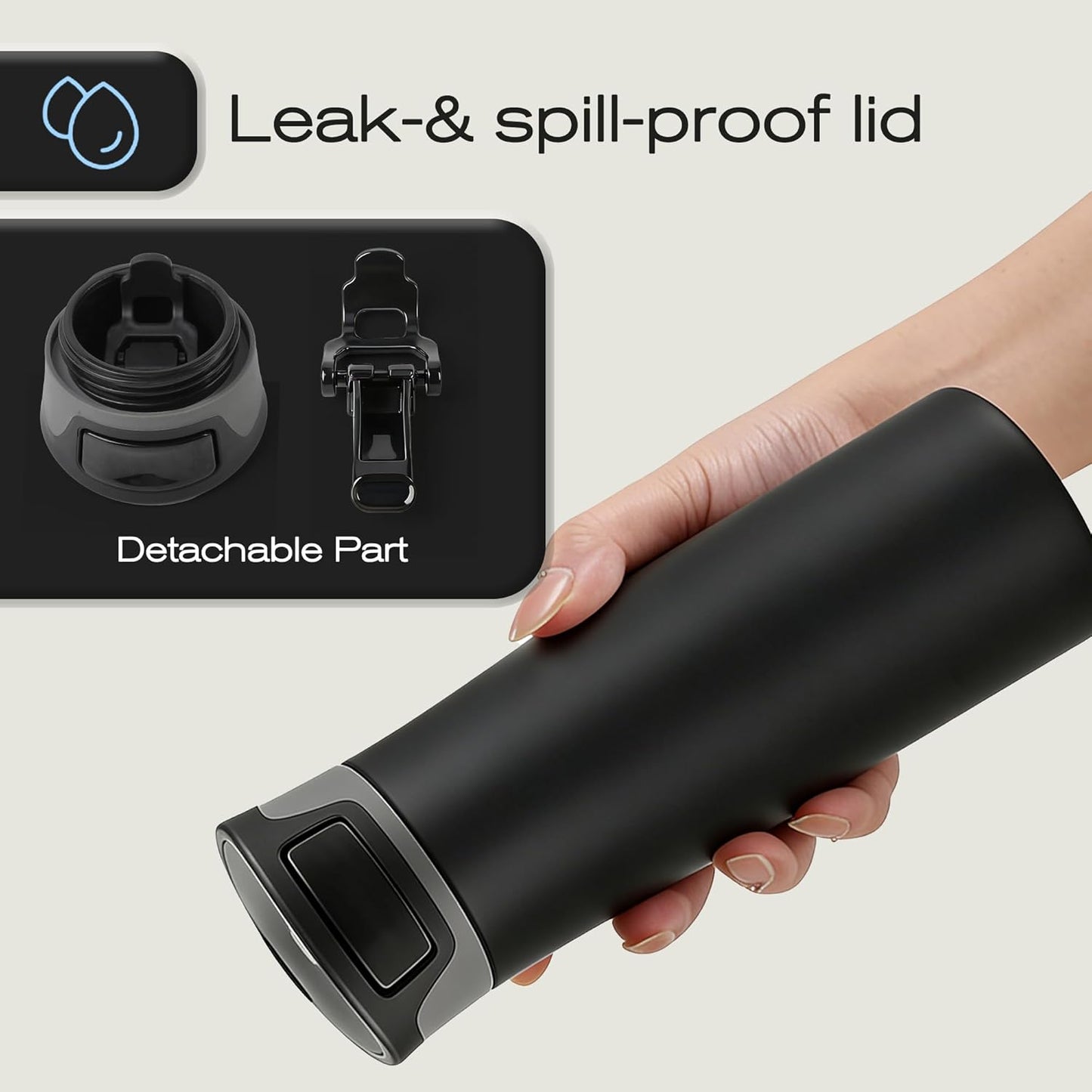 17 oz / 500 ml Travel Coffee Mug, One-Handed Black Insulated Coffee Tumbler with Lid, Leak Proof Stainless Steel Coffee Cup, Reusable Water Bottle for Office, Car, Travel, Hot Coffee and Cold Drinks