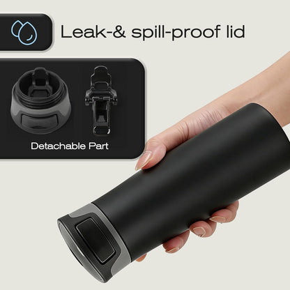 17 oz / 500 ml Travel Coffee Mug, One-Handed Black Insulated Coffee Tumbler with Lid, Leak Proof Stainless Steel Coffee Cup, Reusable Water Bottle for Office, Car, Travel, Hot Coffee and Cold Drinks