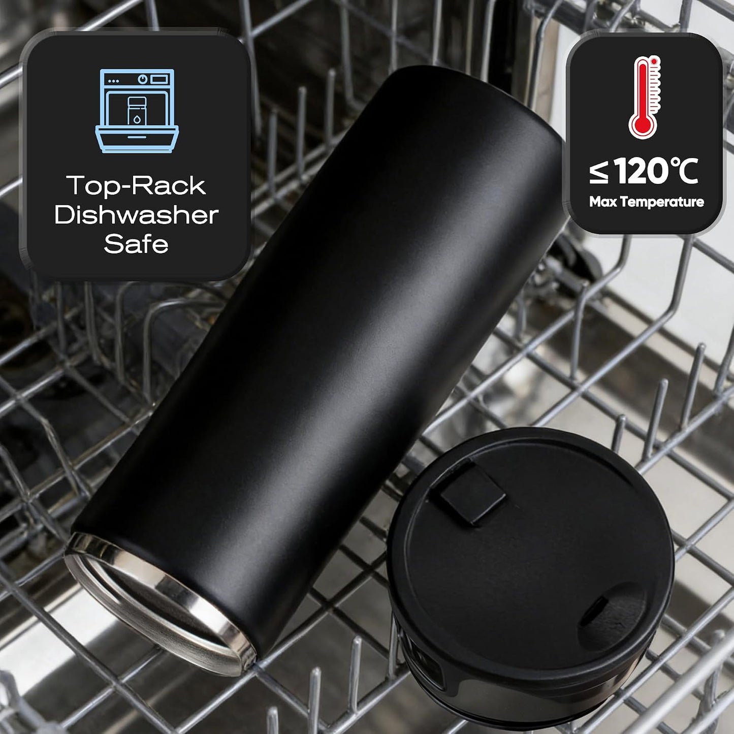 17 oz / 500 ml Travel Coffee Mug, One-Handed Black Insulated Coffee Tumbler with Lid, Leak Proof Stainless Steel Coffee Cup, Reusable Water Bottle for Office, Car, Travel, Hot Coffee and Cold Drinks