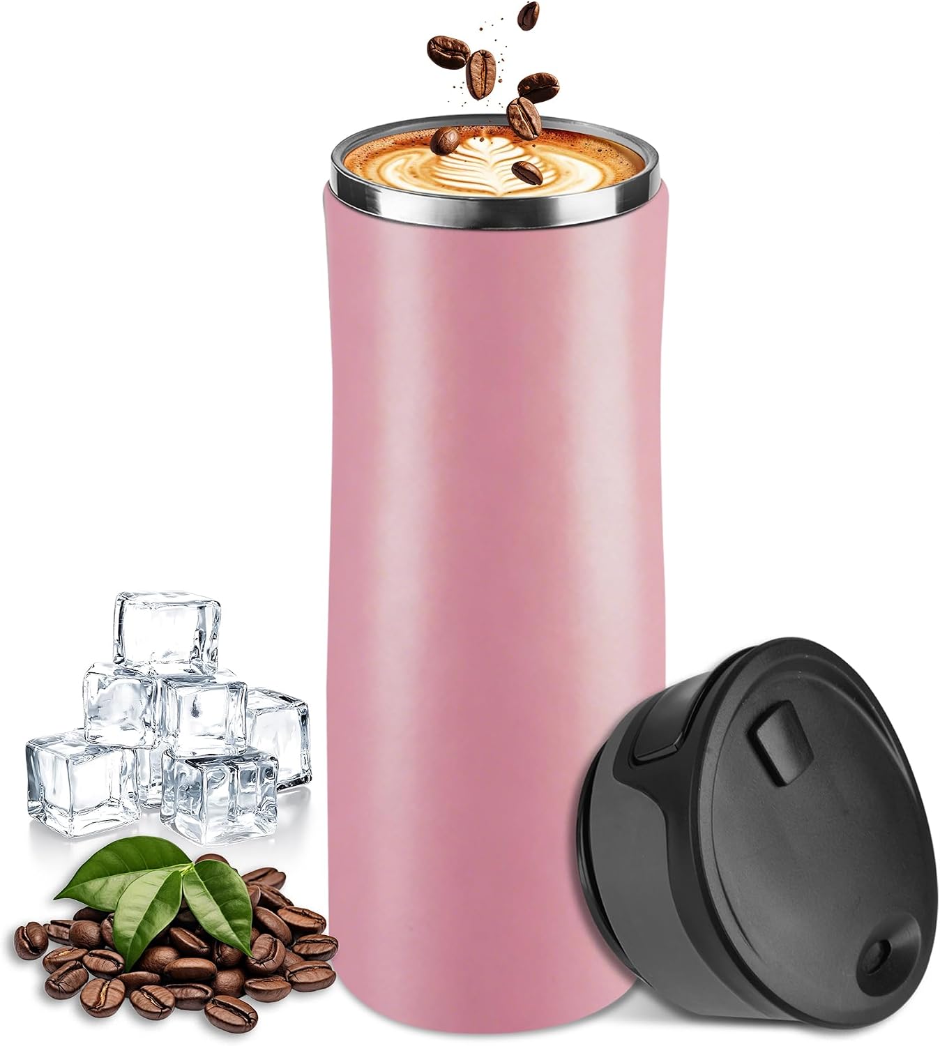 17 oz / 500 ml Travel Coffee Mug, One-Handed Black Insulated Coffee Tumbler with Lid, Leak Proof Stainless Steel Coffee Cup, Reusable Water Bottle for Office, Car, Travel, Hot Coffee and Cold Drinks