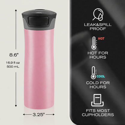 17 oz / 500 ml Travel Coffee Mug, One-Handed Black Insulated Coffee Tumbler with Lid, Leak Proof Stainless Steel Coffee Cup, Reusable Water Bottle for Office, Car, Travel, Hot Coffee and Cold Drinks