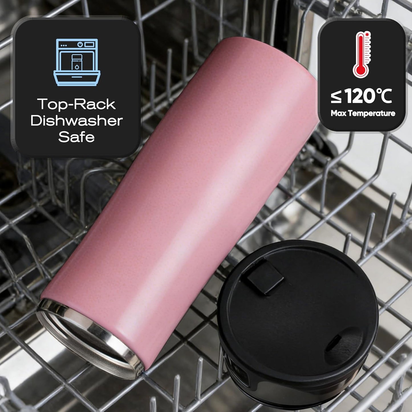 17 oz / 500 ml Travel Coffee Mug, One-Handed Black Insulated Coffee Tumbler with Lid, Leak Proof Stainless Steel Coffee Cup, Reusable Water Bottle for Office, Car, Travel, Hot Coffee and Cold Drinks
