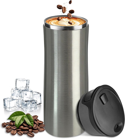 17 oz / 500 ml Travel Coffee Mug, One-Handed Black Insulated Coffee Tumbler with Lid, Leak Proof Stainless Steel Coffee Cup, Reusable Water Bottle for Office, Car, Travel, Hot Coffee and Cold Drinks