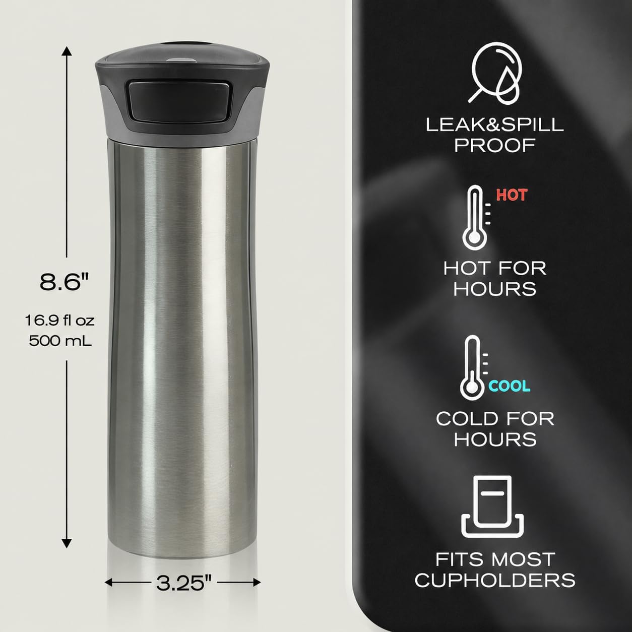 17 oz / 500 ml Travel Coffee Mug, One-Handed Black Insulated Coffee Tumbler with Lid, Leak Proof Stainless Steel Coffee Cup, Reusable Water Bottle for Office, Car, Travel, Hot Coffee and Cold Drinks