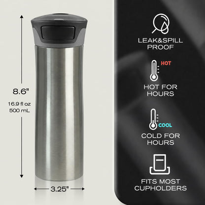 17 oz / 500 ml Travel Coffee Mug, One-Handed Black Insulated Coffee Tumbler with Lid, Leak Proof Stainless Steel Coffee Cup, Reusable Water Bottle for Office, Car, Travel, Hot Coffee and Cold Drinks