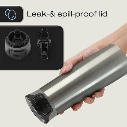 17 oz / 500 ml Travel Coffee Mug, One-Handed Black Insulated Coffee Tumbler with Lid, Leak Proof Stainless Steel Coffee Cup, Reusable Water Bottle for Office, Car, Travel, Hot Coffee and Cold Drinks